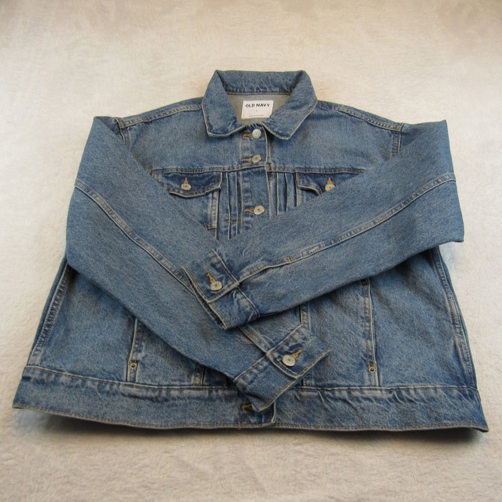 Old Navy Denim Jacket Womens Large Blue Distressed Cotton Trucker Jean